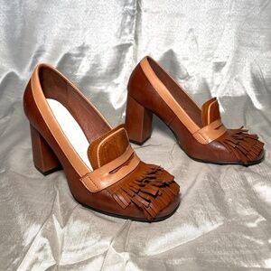 GIROTTI Womens Size 37/6.5 US Fringe Loafer Pump Heels Brown Leather Italy